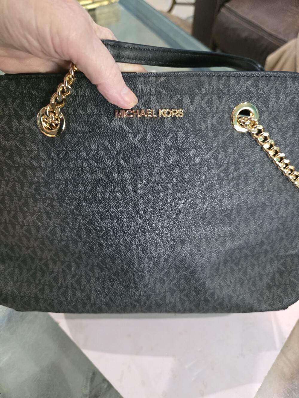 Michael Kors Black Logo Chain-Handle Tote with Gold Hardware